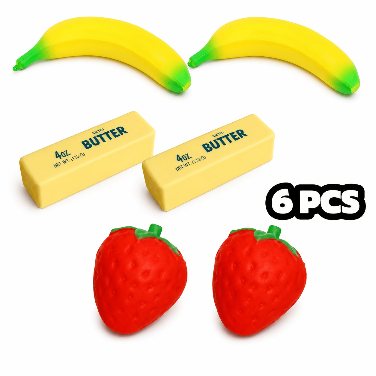Squishy Food Slow Rising Stress Relief Toy Set 3/6pcs Butter Banana Strawberry PU Foam Sensory Squeeze Toys – Pretend Play Simulation Food for Kids Classroom Holiday Office Decoration Gift
