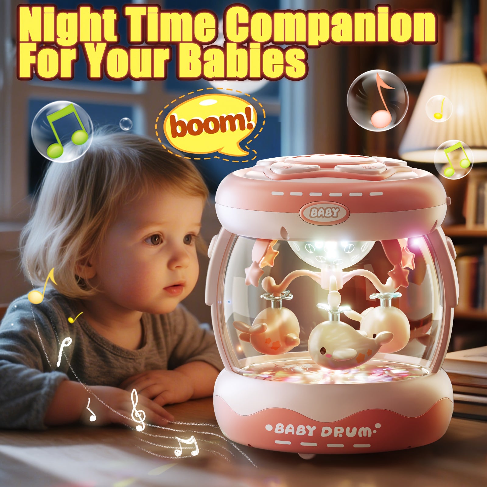 JOVOW Baby Rotating Projector Music Toy for 3 Months+ – Interactive Animal Sounds & Music, Multi-Functional Sensory Learning Toy for Infant Boys Girls, Party Music, Skills Development, Pink & Blue
