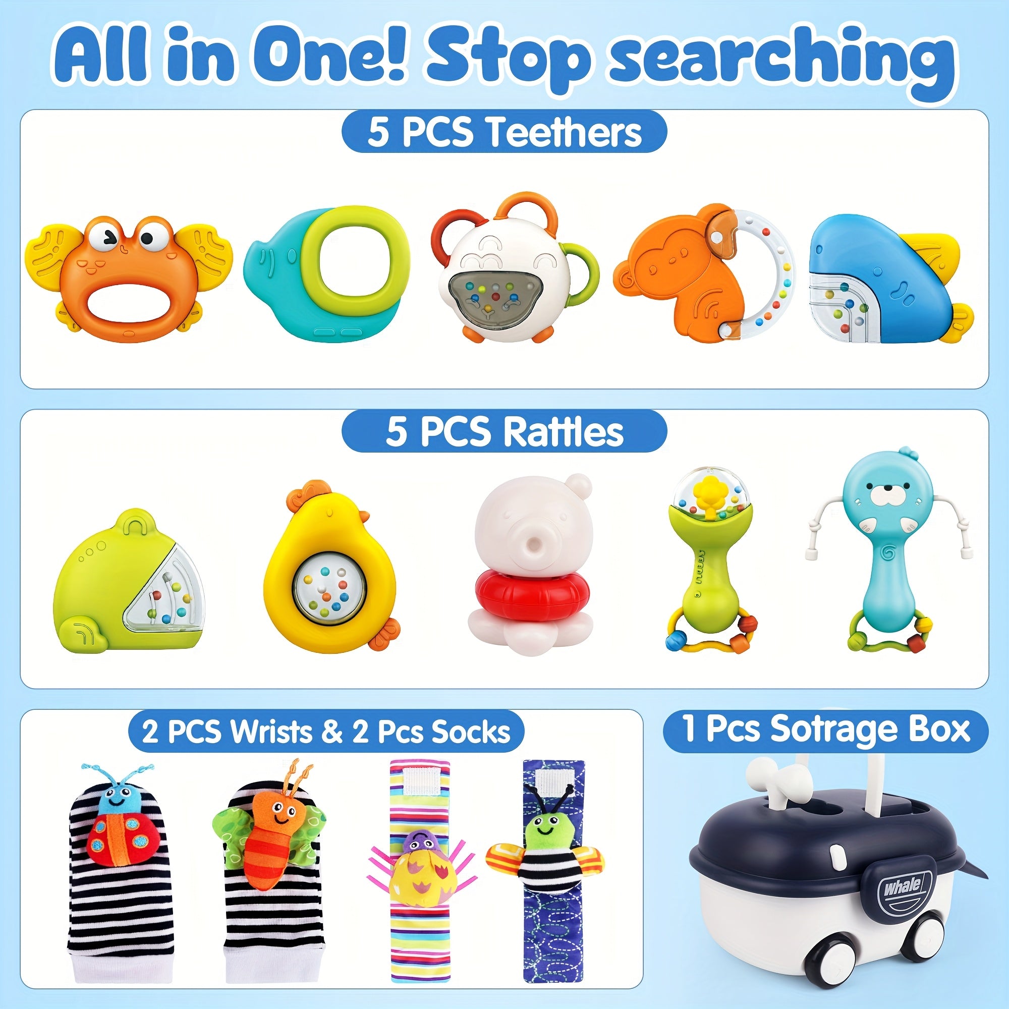 Newborn Sensory Toy Set 13 Pcs Baby Rattle Gift – Wrist & Foot Finders, Teethers & Rattles for Infants 0+, Baby Shower Gift, Stocking Stuffer for Boys & Girls