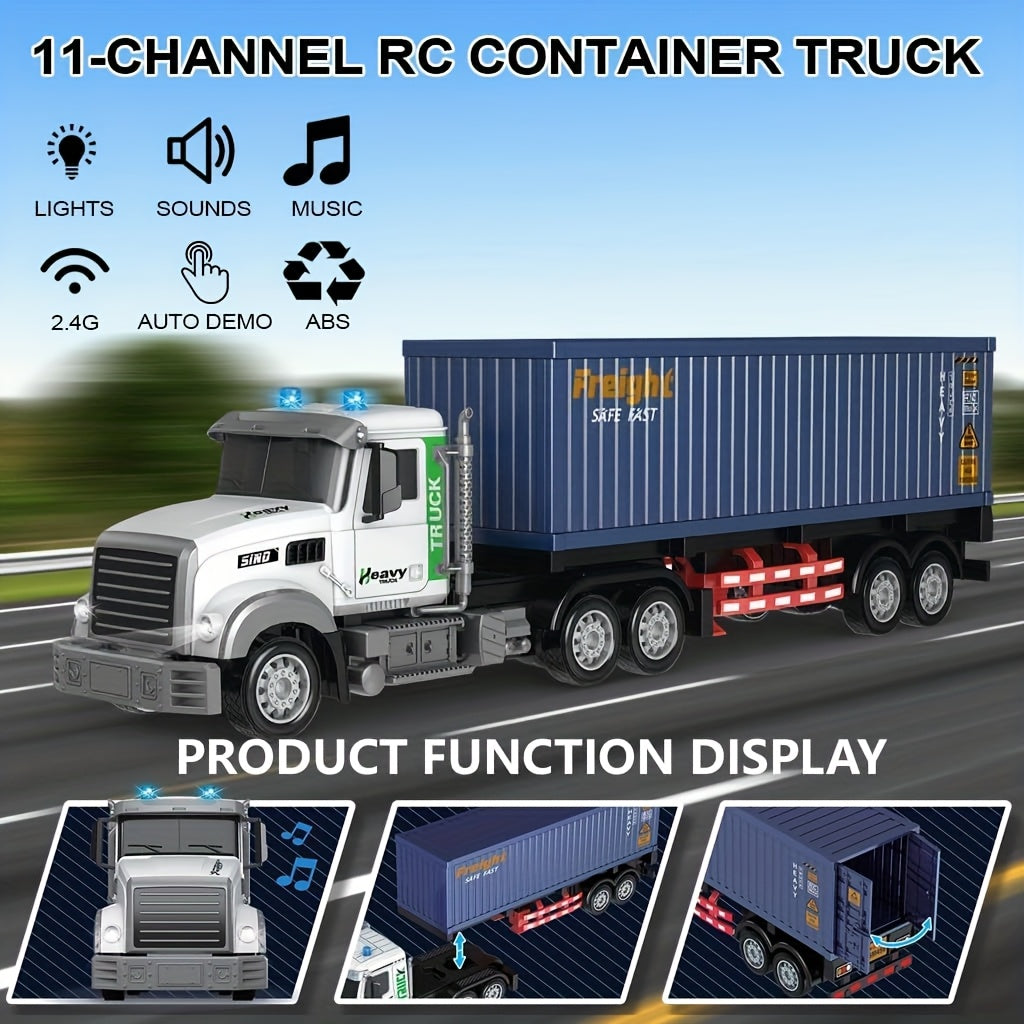 RC Semi Trailer Truck Toy 1:24 Scale 23.6 Inch LED Lights Music Detachable Trailer 2 Rechargeable Batteries Remote Control Cargo Truck Gift for Boys Girls Age 3+