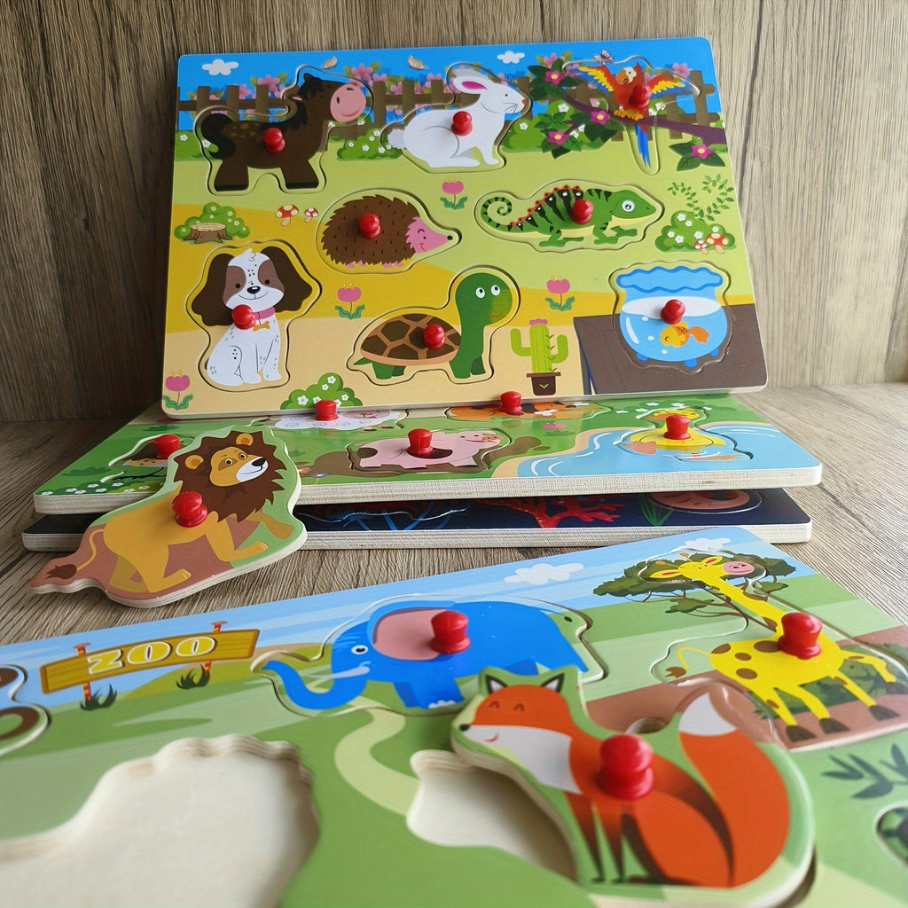 Wooden Peg Puzzle Set of 4 for Toddlers – 32 Pcs Knob Puzzles Farm & Zoo Animals, STEM Learning Toy, Christmas Halloween Gift for Kids Ages 1-3