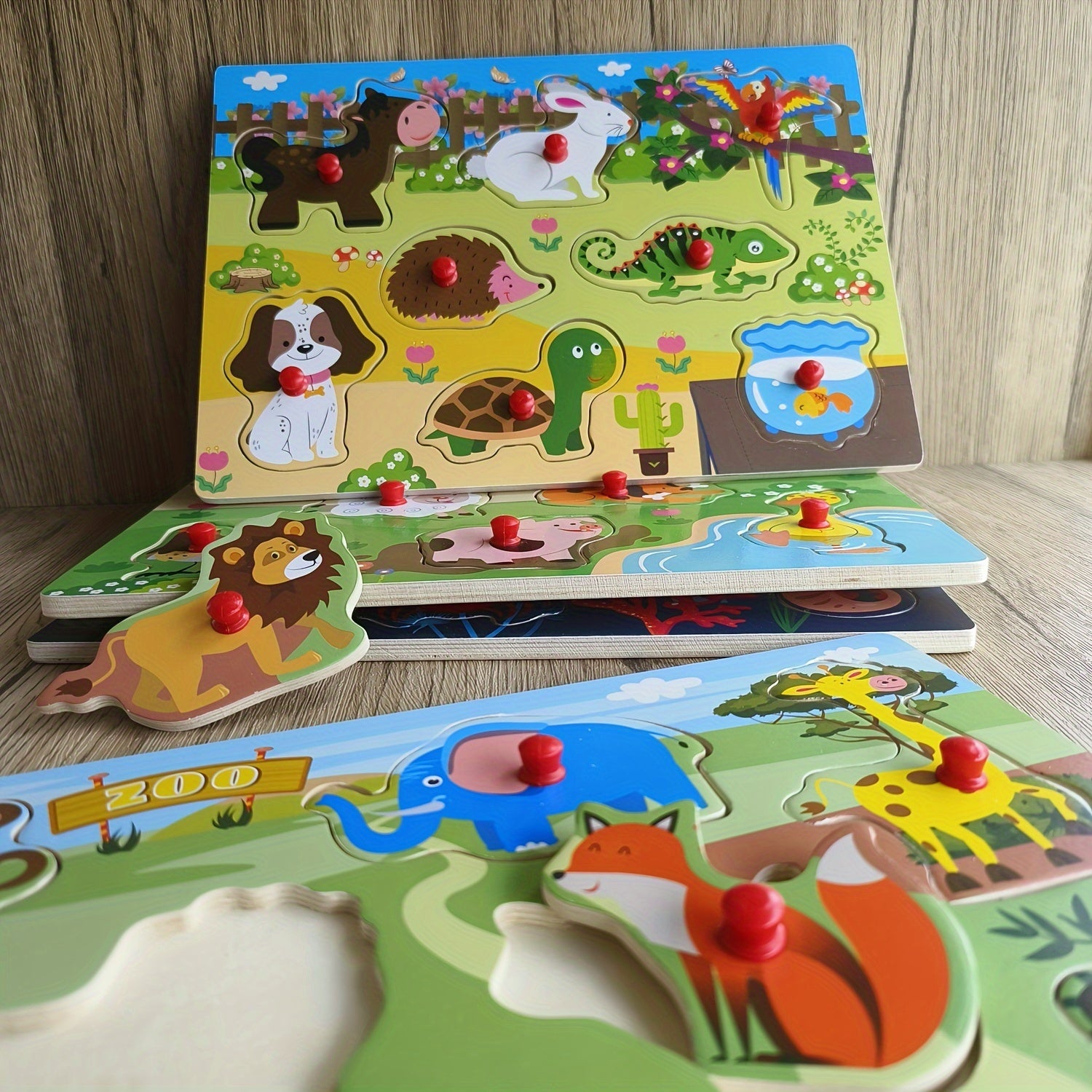 Wooden Peg Puzzle Set of 4 for Toddlers – 32 Pcs Knob Puzzles Farm & Zoo Animals, STEM Learning Toy, Christmas Halloween Gift for Kids Ages 1-3