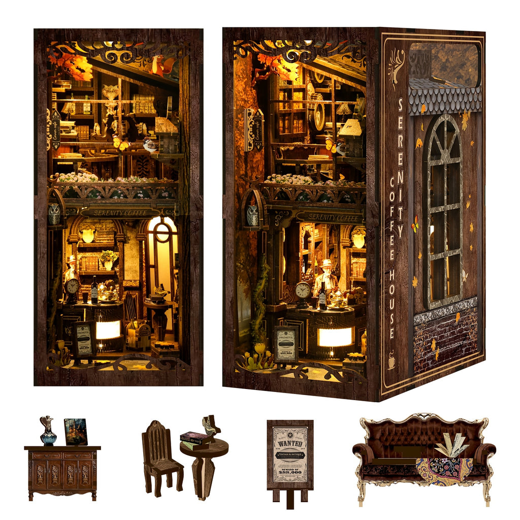 DIY Miniature Book Nook Kit with LED Light Coffee House 3D Wooden Bookshelf Insert Puzzle Dustproof Craft Kit Gift for Adults Teens Craft Lovers