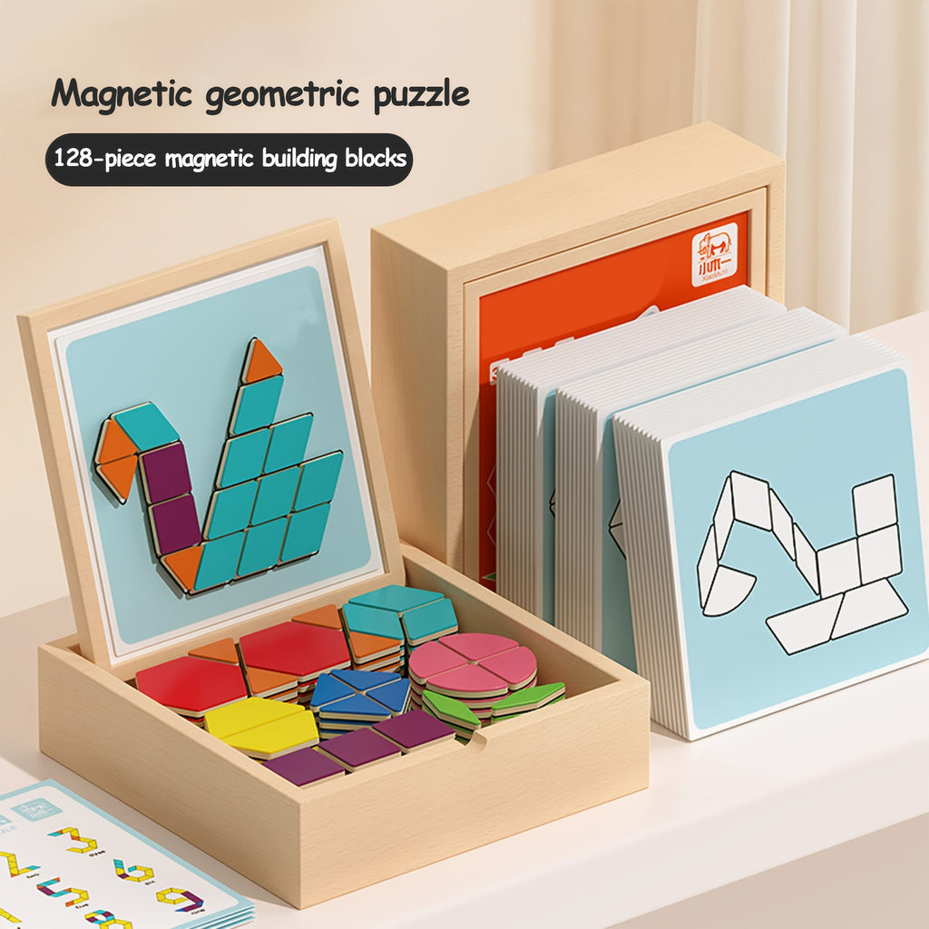 Geometric Shape Magnetic Wooden Puzzle 128-220pcs Educational Cognitive Learning Toy for Toddlers Kids Preschool Montessori STEM Birthday Gift