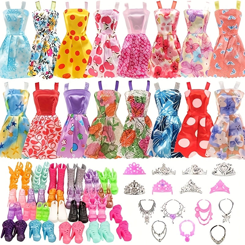Doll Clothes & Accessories Set 42pcs for 11 Inch Dolls – 10 Dresses 10 Shoes 6 Necklaces 6 Crowns 5 Glasses & Hangers Fashion Wardrobe Gift for Girls Birthday Christmas