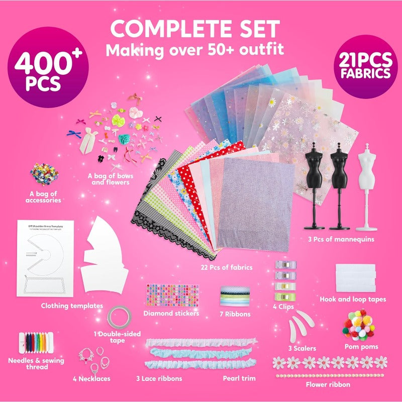 Fashion Design Kit for Girls 400PCS DIY Sewing Craft Set with 3 Mannequins No-Sew Fabric Art Toy Birthday Gift for Kids Ages 8-12