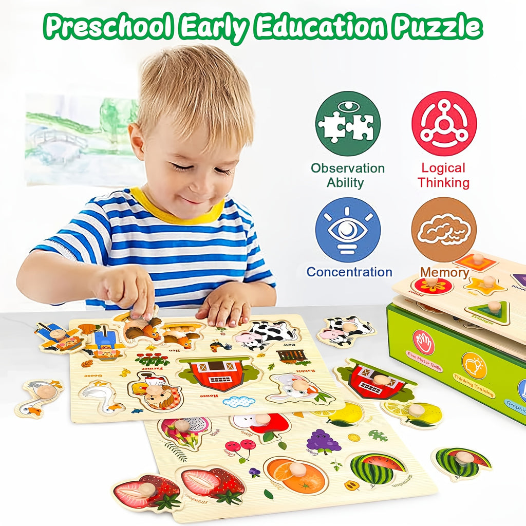 Wooden Jigsaw Puzzles for Toddlers Preschoolers Farm Animal Dinosaur Fruit Shape Number Educational STEM Toy Boys Girls Ages 2-5