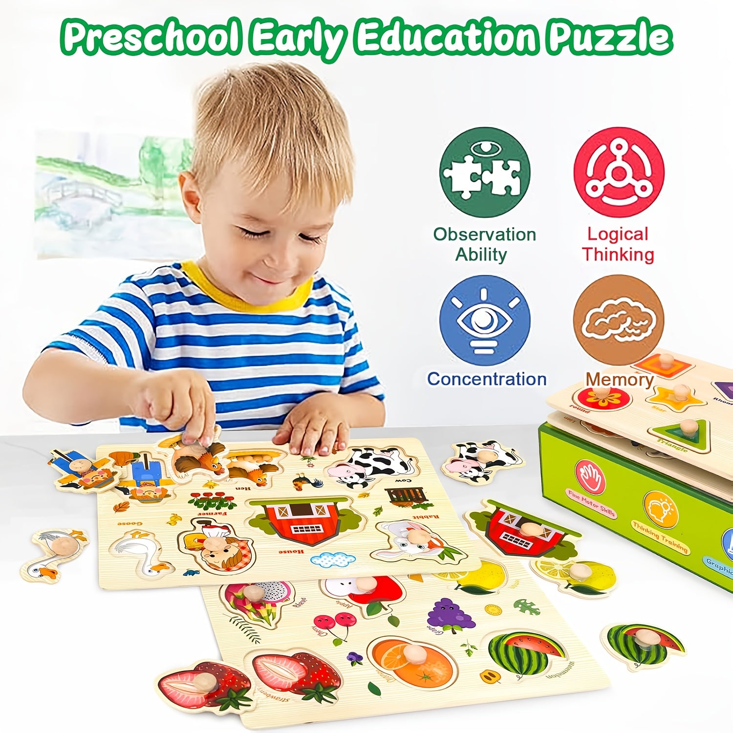 Wooden Jigsaw Puzzles for Toddlers Preschoolers Farm Animal Dinosaur Fruit Shape Number Educational STEM Toy Boys Girls Ages 2-5