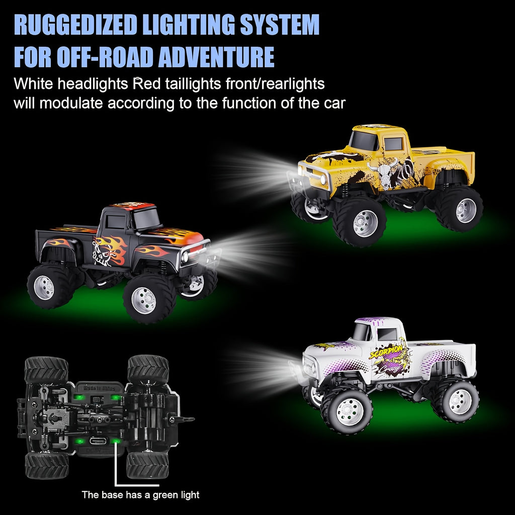1:64 Scale Die-Cast RC Monster Truck 2.4GHz High-Speed Off-Road Vehicle LED Headlights Multiple Control Modes Adjustable Speed Gift for Boys Girls