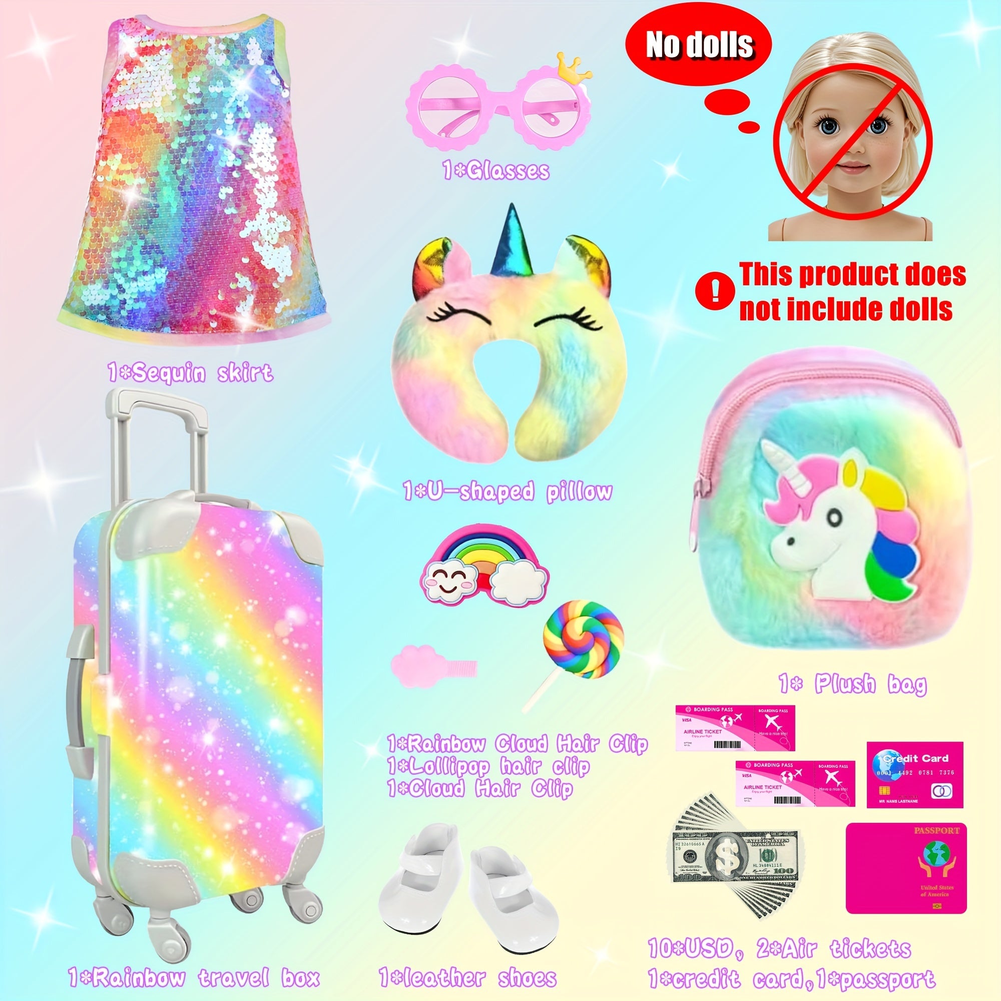 24 Piece Doll Travel Set for 18 Inch Dolls – Suitcase Dress Shoes Handbag Glasses Passport Hairband Pillow Accessories Kit No Doll Girls Ages 3+ Birthday Christmas Gift