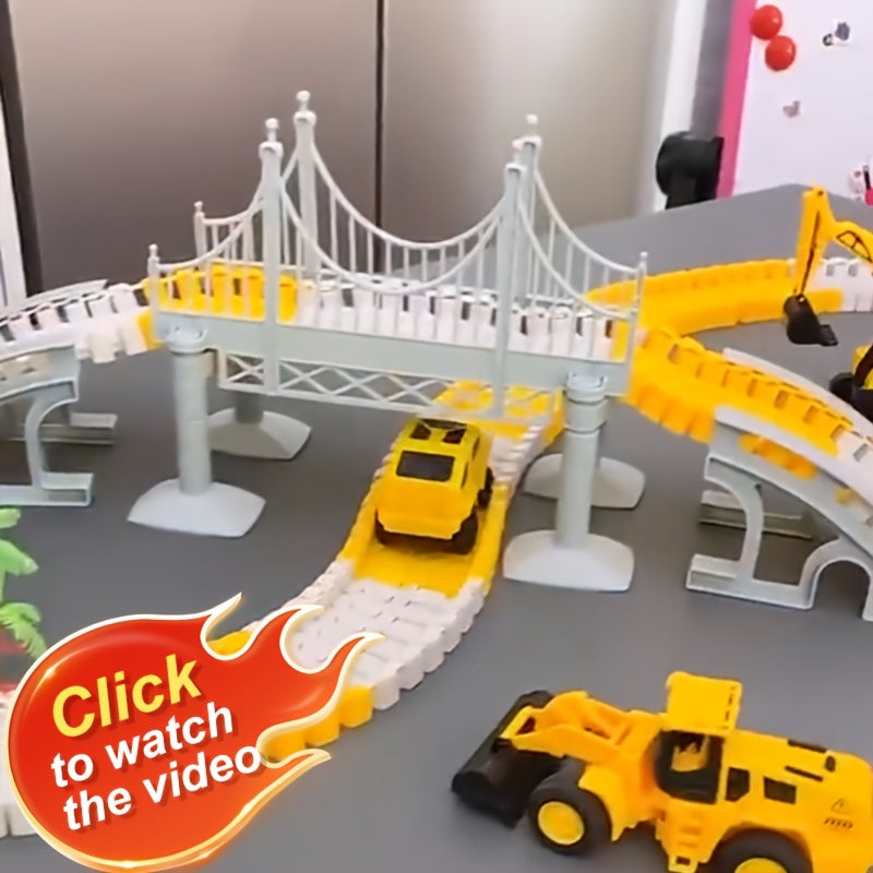 Kids Electric Track Car Toy Set Engineering Race Track with Elevated Bridge Tunnel Roller Coaster Scene Building Assembly – Birthday Gift Boys Girls Ages 3-8