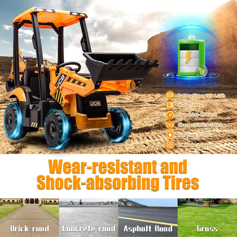Ride-On Backhoe Digger for Kids Ages 3–6, Segmart 12V JCB Electric Tractor with Parent Remote, Front Loader and Rear Digging Arm