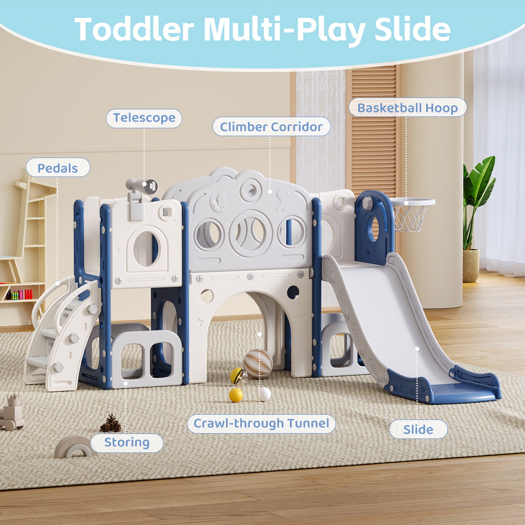 Toddler Slide Playset with Basketball Hoop and Telescope Indoor Outdoor Backyard Playground for Babies Kids Ages 1-3 Climbing Toy Gift