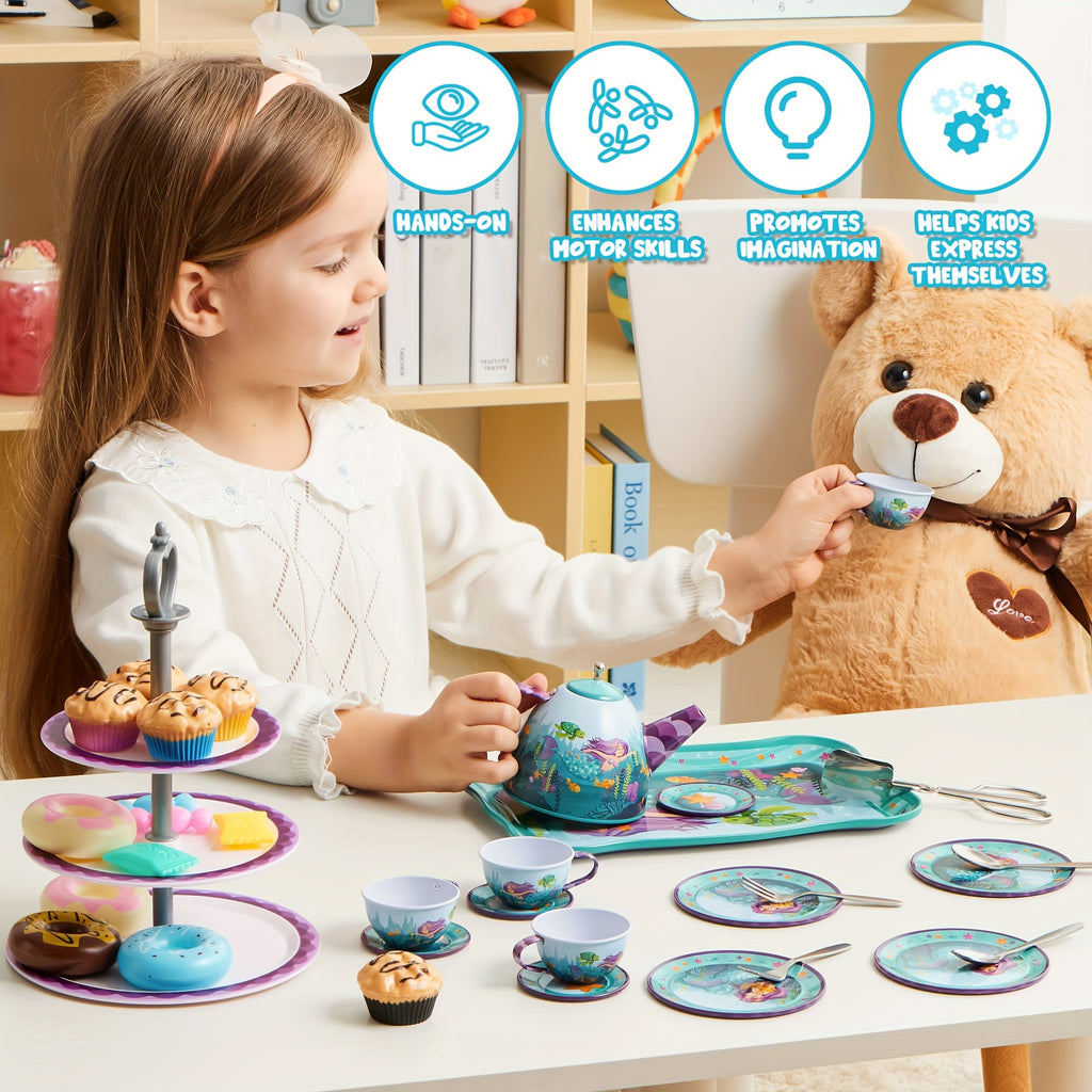 Mermaid Tea Party Set for Kids 35 Pcs Pretend Play Tin Teapot Set with Desserts 3-Tier Cake Stand Carrying Case Princess Tea Time Birthday Easter Christmas Gift