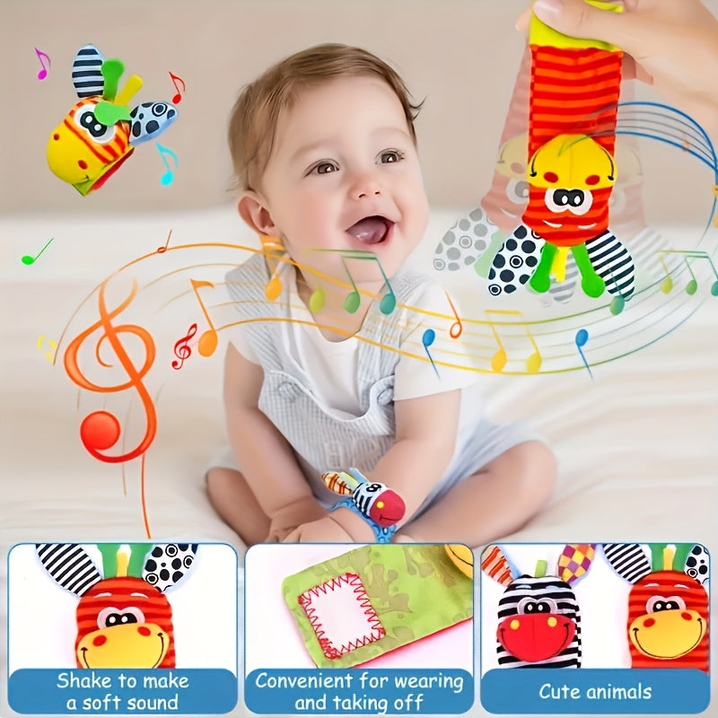 Baby Wrist Bell Rattle Socks - Newborn Cartoon Animal Wrist Rattles & Socks Set, Soft Colorful Sensory Toy for Infants Boys Girls, Baby Shower Birthday Gift