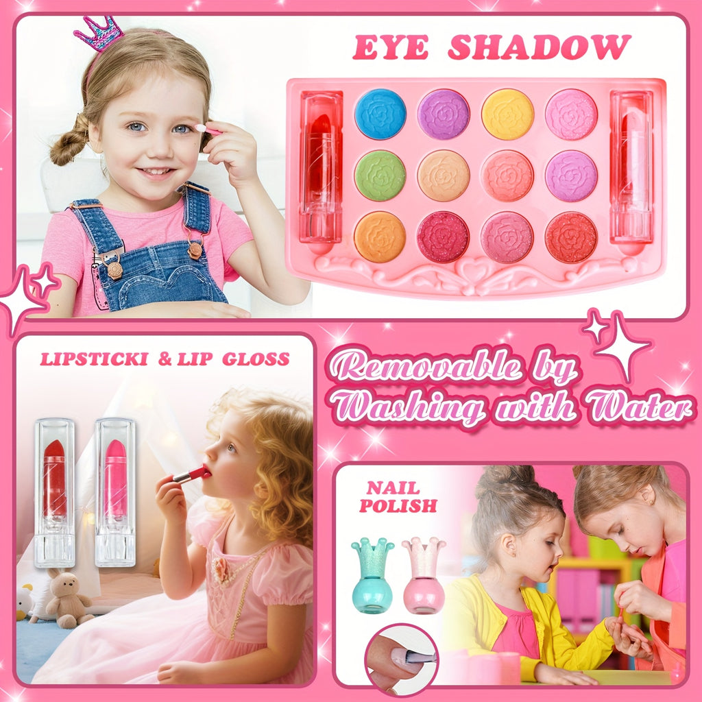 Kids Makeup Kit for Girls 48 Piece Washable Hypoallergenic Eyeshadow Blush Lip Gloss Nail Polish Glitter Princess Pretend Play Cosmetic Set Ages 5-12 Birthday Christmas Gift