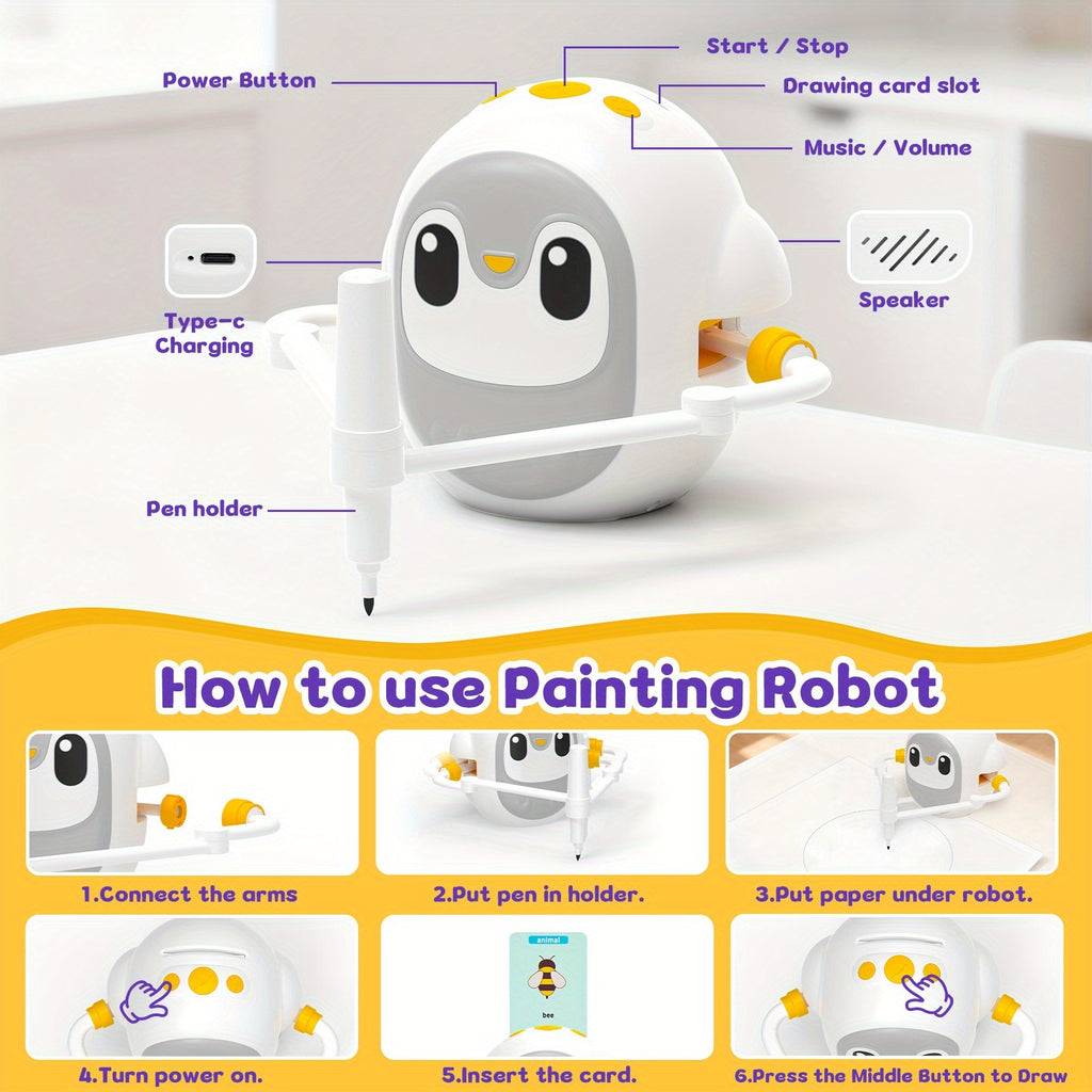 Drawing Robot for Kids with 200 Learning Cards & 12 Color Pens – Penguin Art Robot Toy, Interactive STEM Educational Drawing Toy for Boys Girls Ages 3+, USB Charging