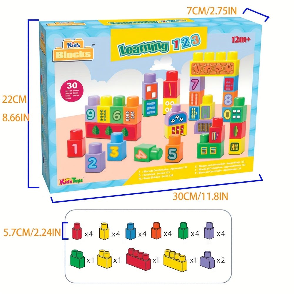 Educational Stacking Blocks for Toddlers 30 Pcs Number Learning Building Blocks with Decals Ages 12M Plus STEM Toy for Boys Girls - Baby Shower Gift