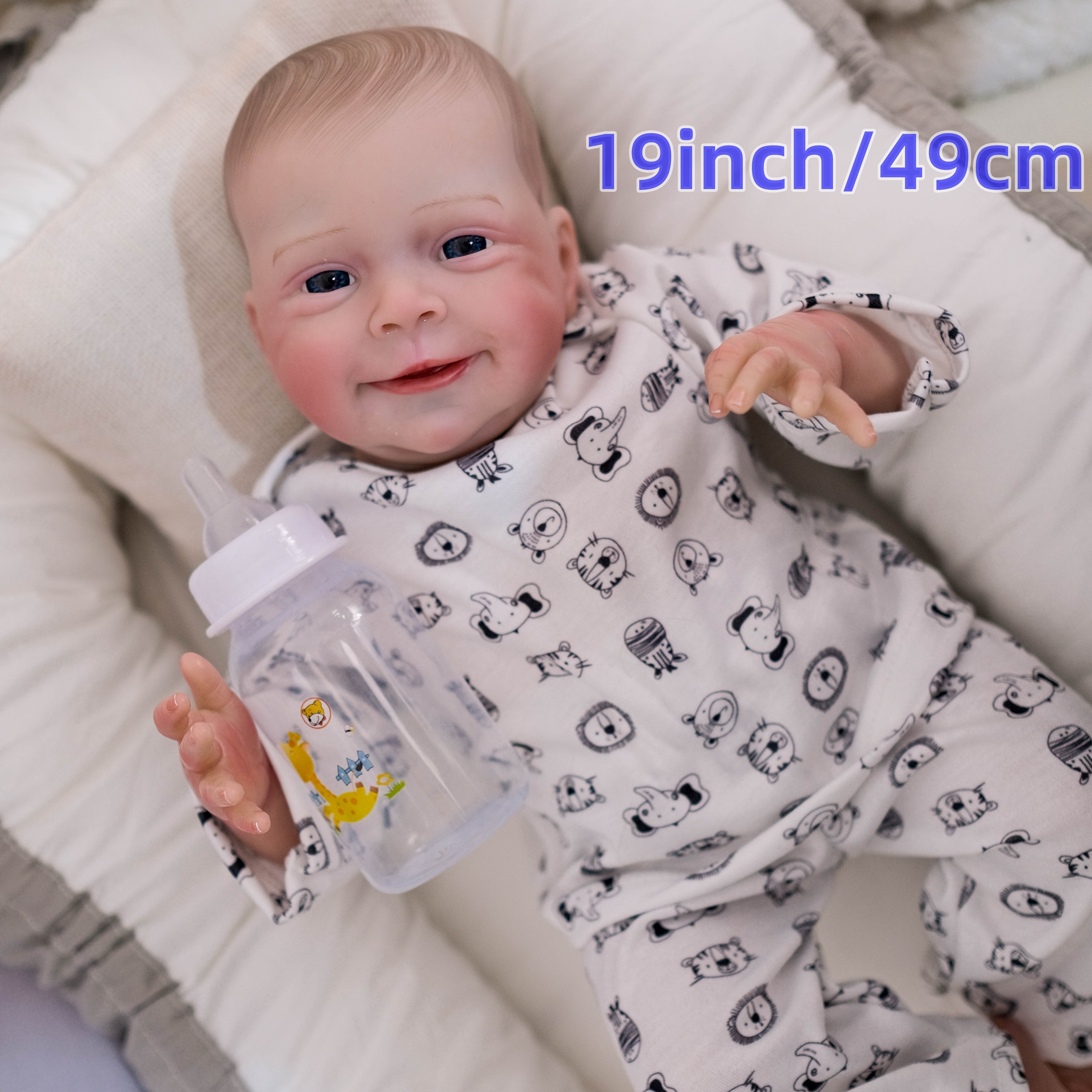 Awake Smile Reborn Baby Doll 19 Inch Soft Cloth Body – Lifelike Newborn with Hand-Painted Details, Fits 0-3M Clothes, Pacifier, Bottle & Birth Certificate, 49cm Gift for Girls