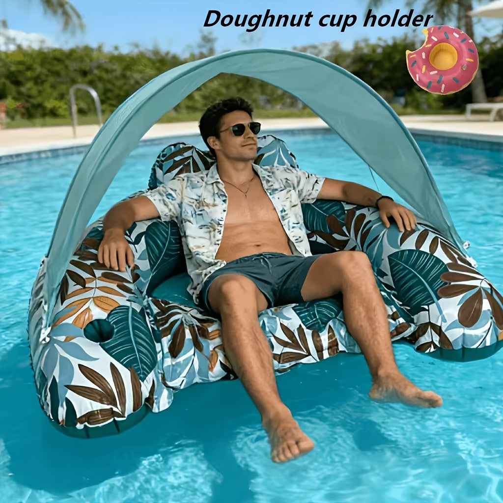 Inflatable Pool Float with Canopy & Cup Holder – Tropical Leaf Adult Floating Lounger for Pool Beach Lake River, Summer Party Raft with Sun Shade