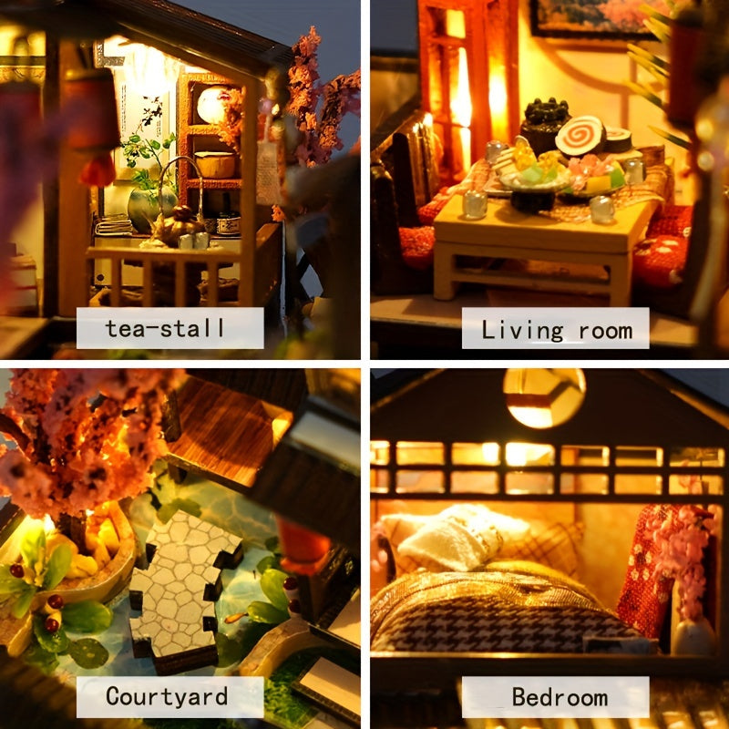 DIY Miniature Sakura House Kit – Wooden Dollhouse Building Kit for Adults, Model Craft Set with Furniture & Accessories, Christmas Halloween Birthday Gift