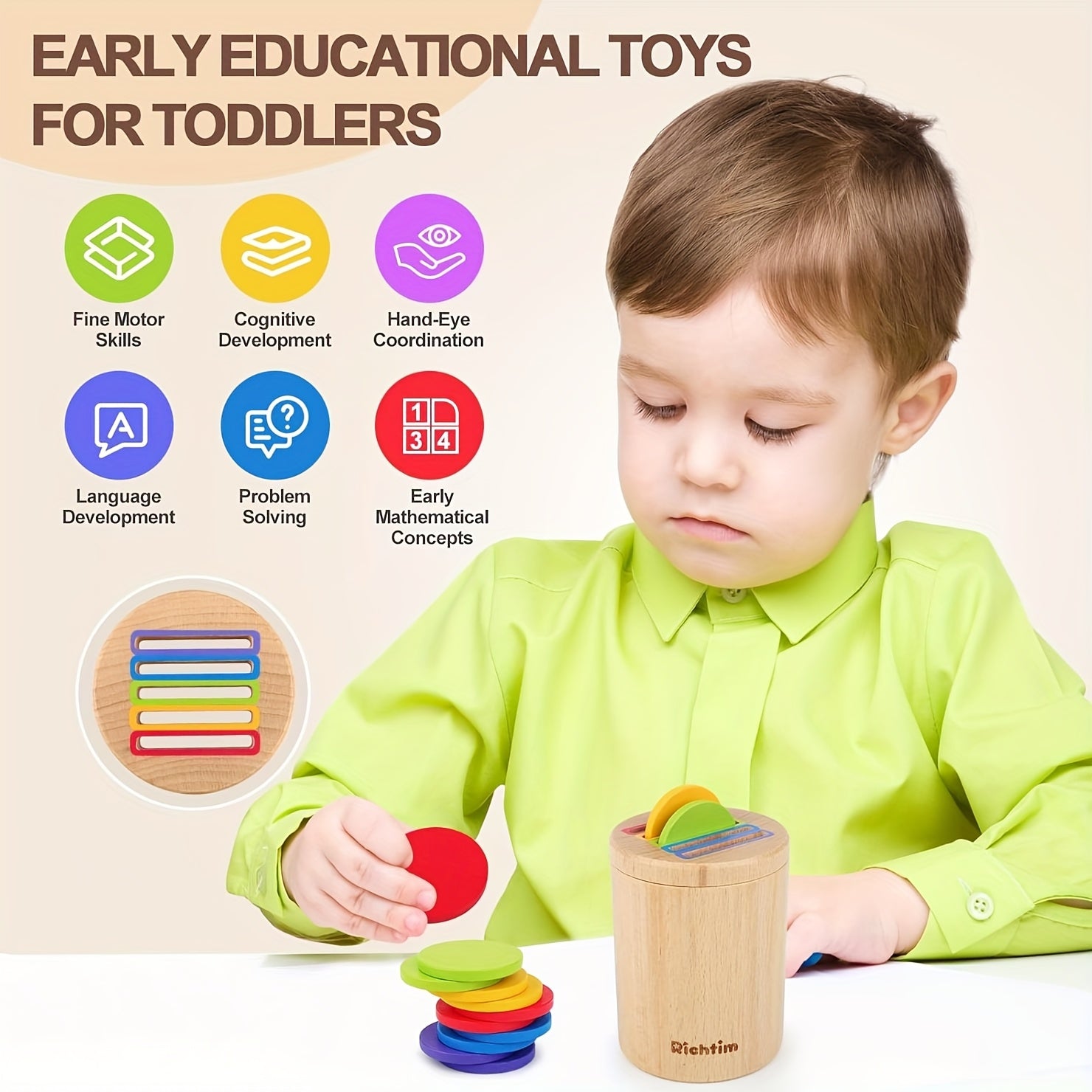 Wooden Color Sorting Toy for Toddlers 1-3 – Montessori Coin Box with 10 Colored Blocks & Drawstring Bag, Fine Motor Skills Educational Toy for Boys and Girls