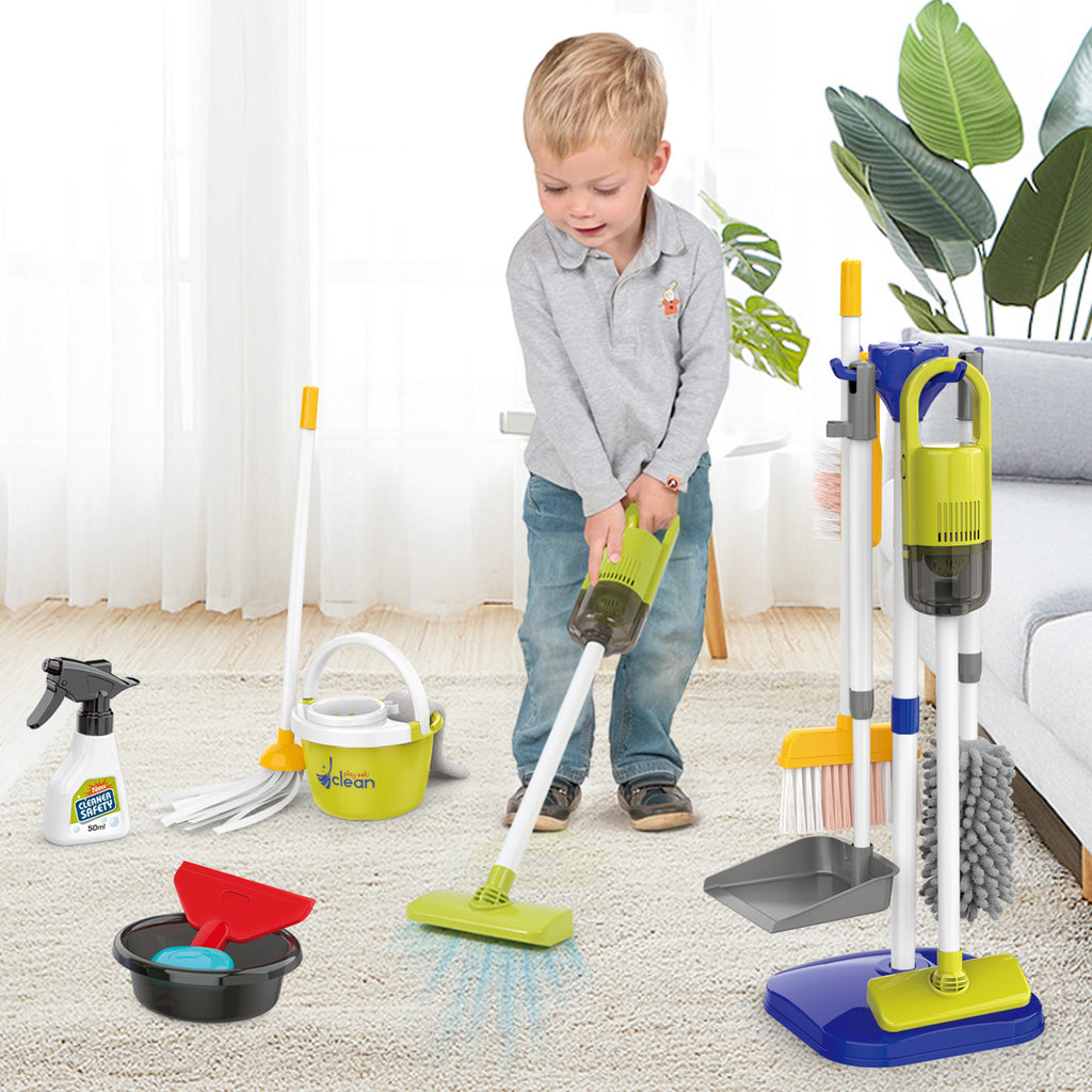 Kids Cleaning Toy Set 14 Pcs Pretend Play Housekeeping Playset with Electric Vacuum That Really Works Broom Dustpan Mop Birthday Gift Girls Boys