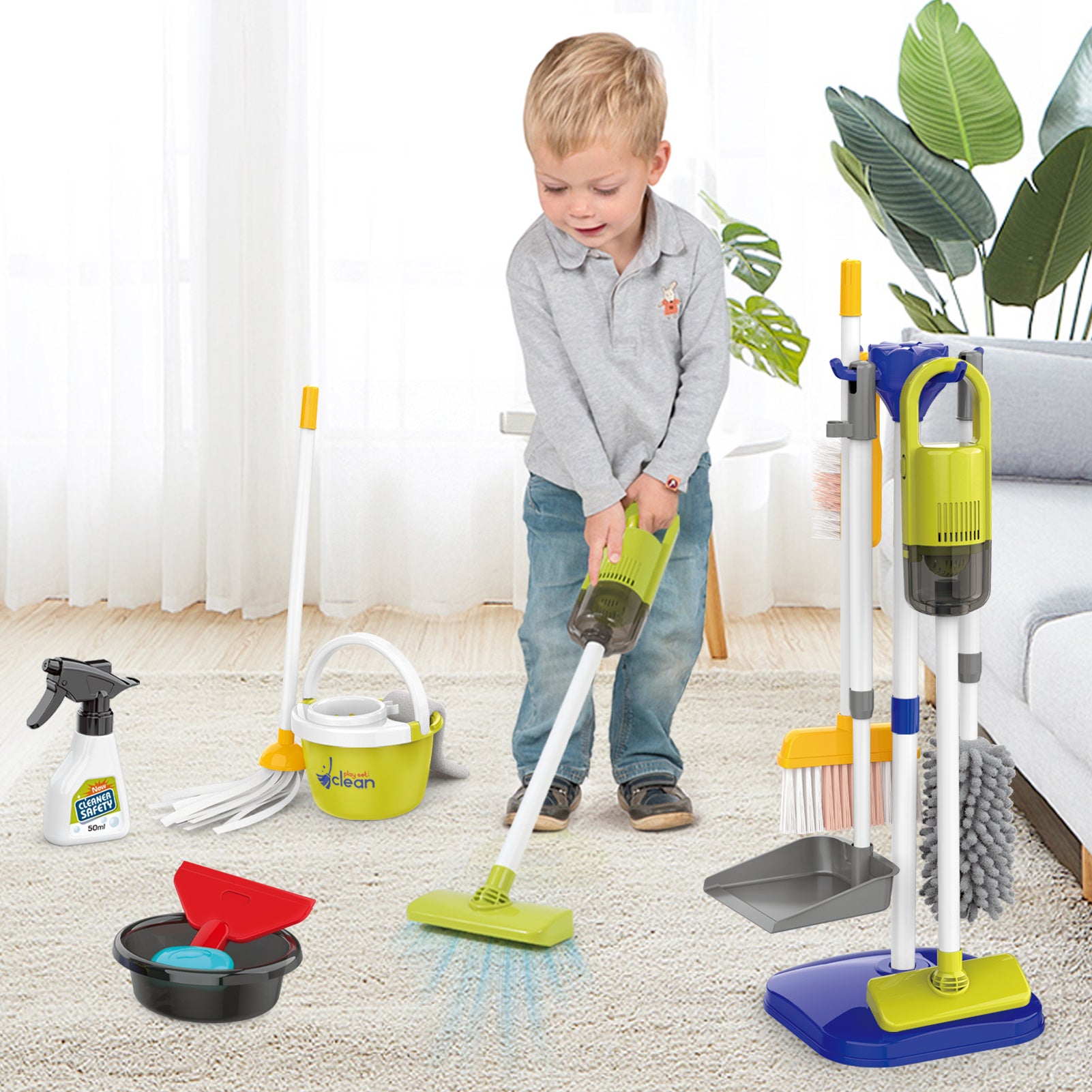 Kids Cleaning Toy Set 14 Pcs Pretend Play Housekeeping Playset with Electric Vacuum That Really Works Broom Dustpan Mop Birthday Gift Girls Boys