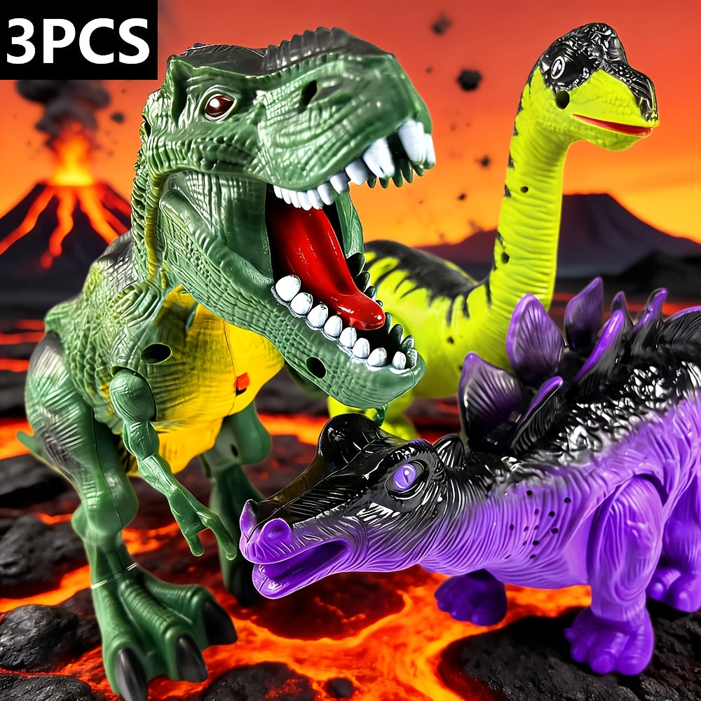 Electric Walking Dinosaur Toy Set 3-Pack with Sound & Light – T-Rex, Brachiosaurus & Stegosaurus Jurassic Dino Figures – Birthday & Christmas Gift for Boys Ages 3-7
