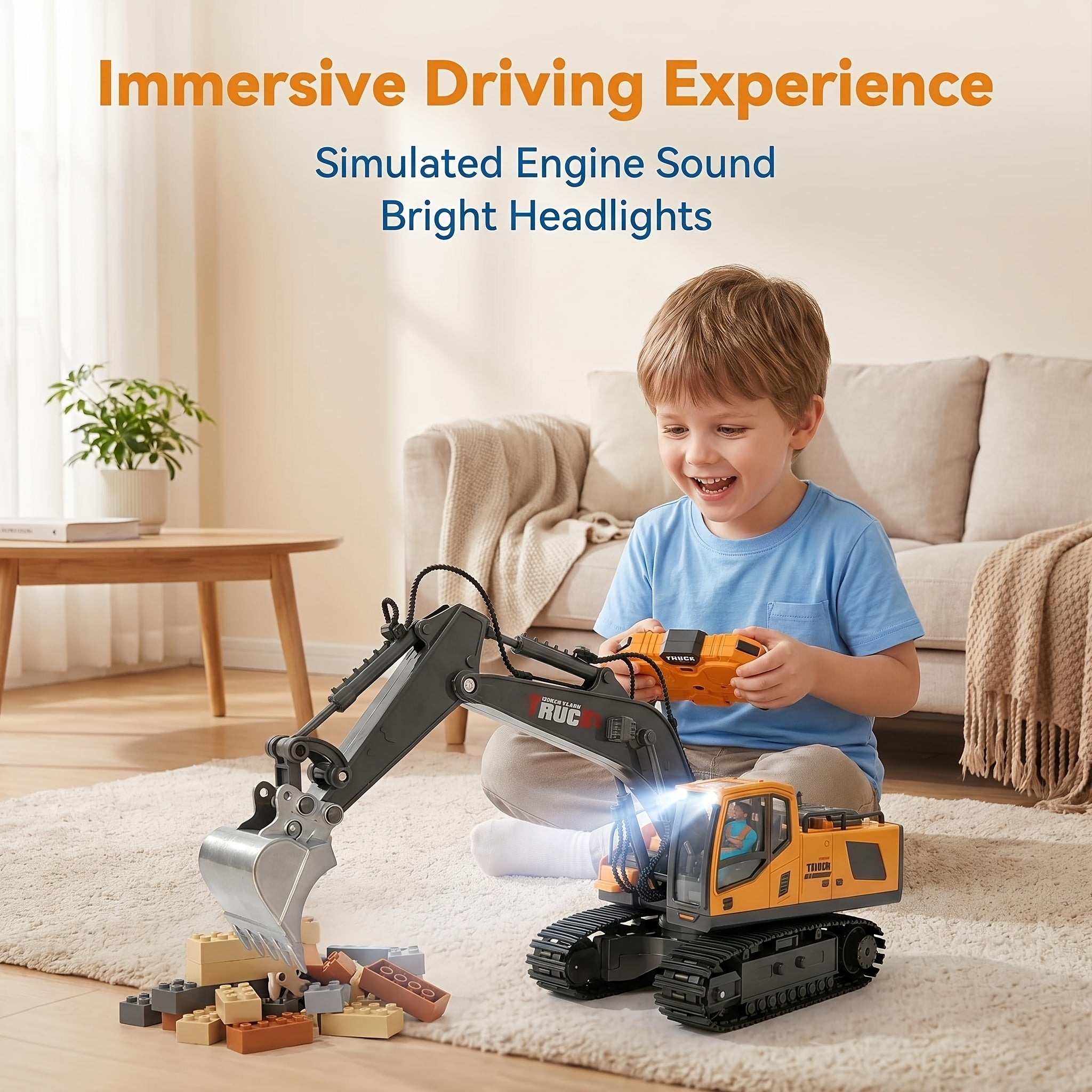 Alloy Construction Truck Toy 1:24 Scale – Bulldozer, Dump Truck & Excavator with 11-Channel Control, Sound Effects, Indoor Outdoor Engineering Vehicle Gift for Boys & Girls