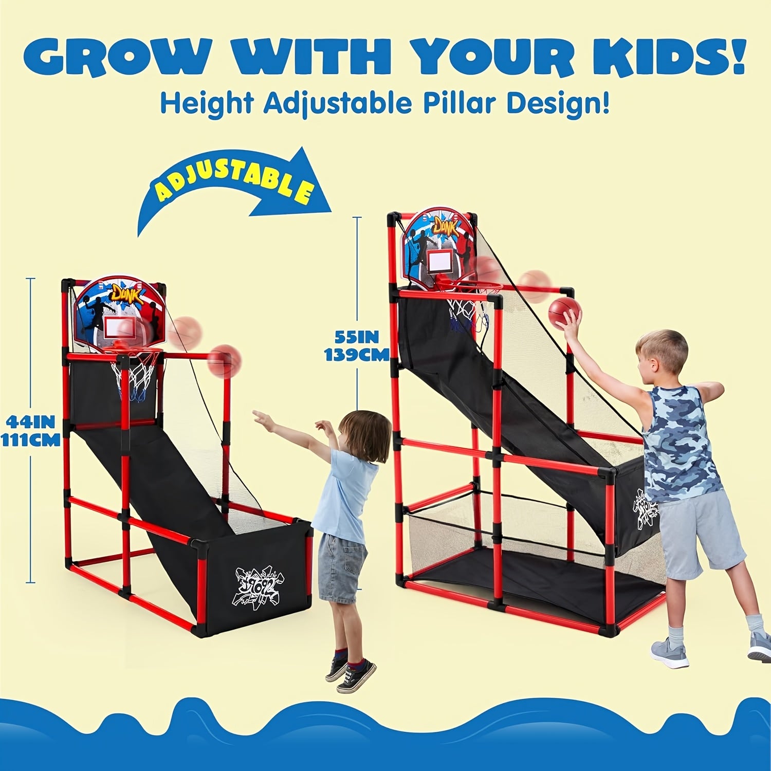 Kids Arcade Basketball Hoop Set with 4 Balls & Air Pump - Adjustable Height Indoor Outdoor Sport Game for Kids Ages 3+, Easy Assembly