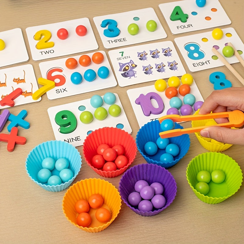 Colorful Wooden Bead Counting Set with Tweezers, Number Puzzle & Matching Cards – Fine Motor Skills Toy for Toddlers, STEM Learning Gift for Kids Ages 3+