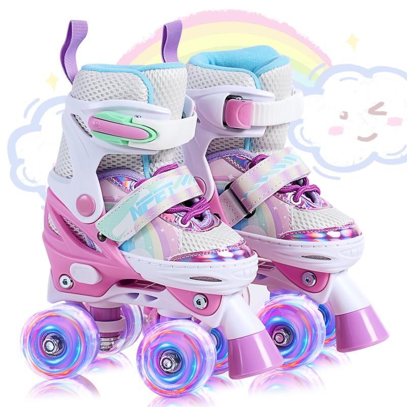 Adjustable Quad Roller Skates for Beginners by NPET, Light-Up Wheels and Hook-and-Loop Fit in Three Size Ranges for Indoor and Outdoor Practice