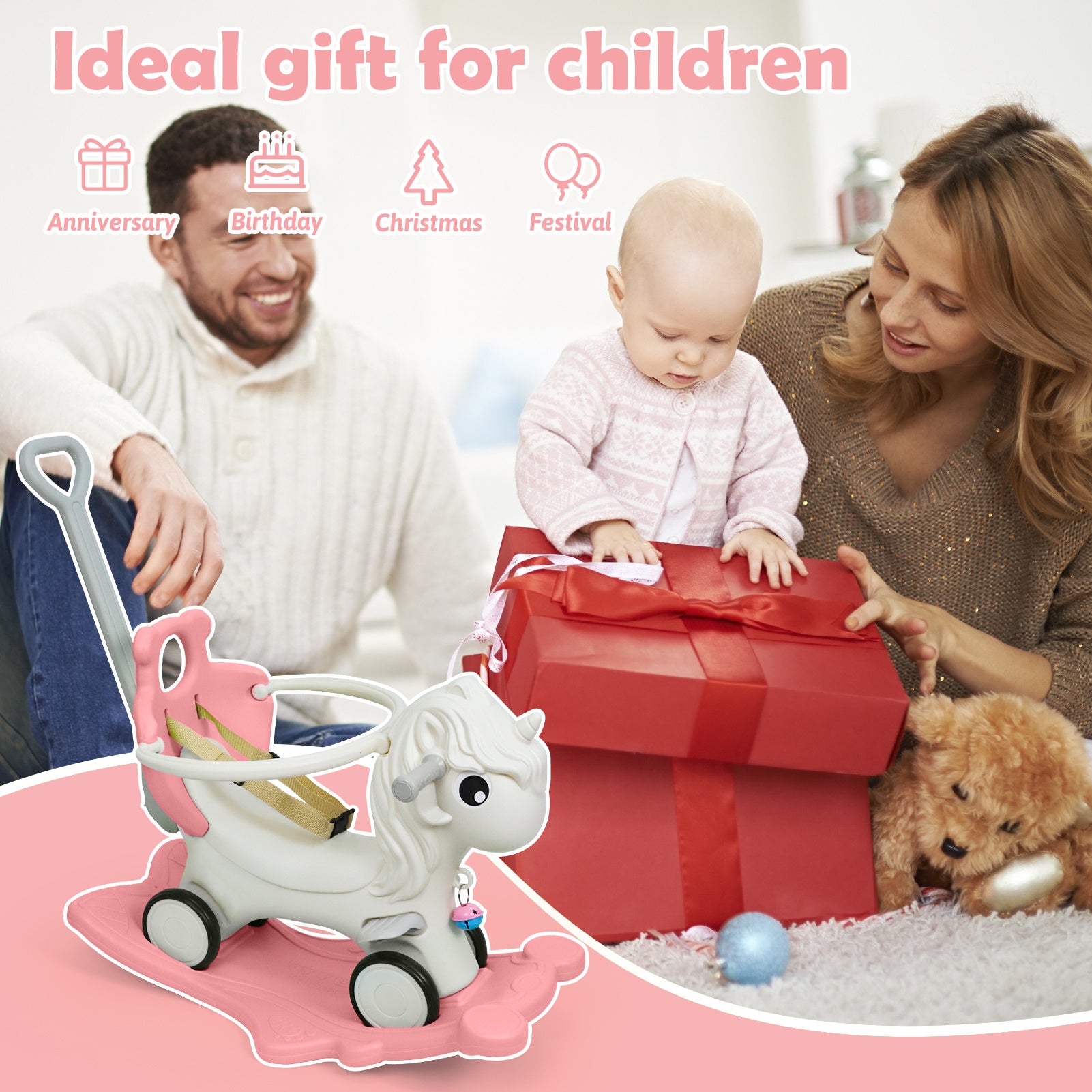 3 in 1 Rocking Horse for Toddlers 12M+ – Detachable Balance Bike, Ride-On Toy & Push Handle, Balance Board, Safe Indoor Outdoor Baby Gift for Boys & Girls Ages 1+