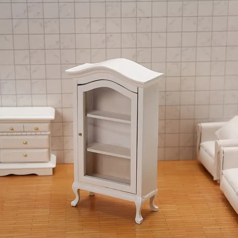 Dollhouse Display Cabinet Miniature White Wooden Hutch with Mirror 3 Glass Shelves Mini Furniture Decoration Photography Prop Wedding Scene Living Room Decor Gift