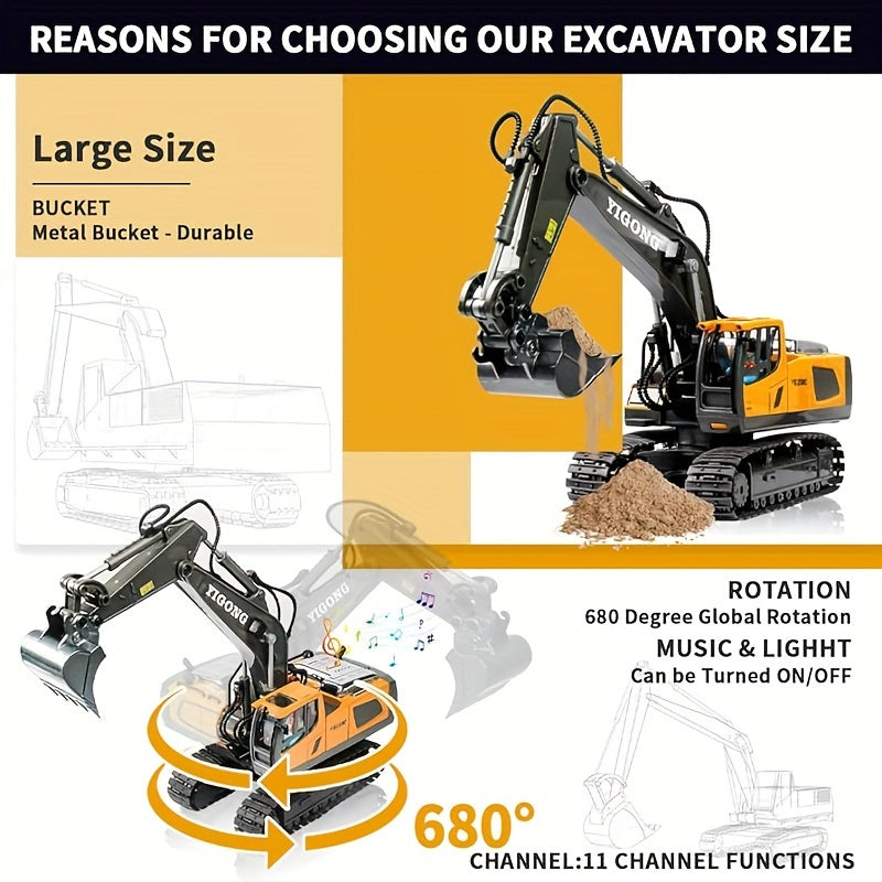 Remote Control Excavator Toy Metal Shovel LED Light 1200mAh RC Construction Truck Set Loader Garbage Truck Combo Boys Kids Ages 6+ Birthday Christmas Gift