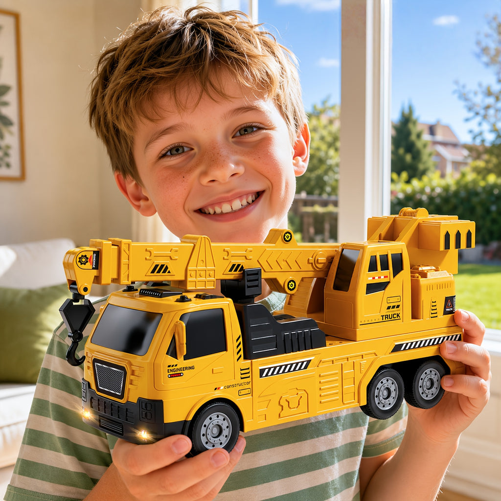 3-in-1 Construction Vehicle Toy Set Crane Excavator Racing Track with 8 Cars Lights Sounds STEM Playset for Kids Boys Girls Toddlers Ages 3+ Birthday Christmas Gift