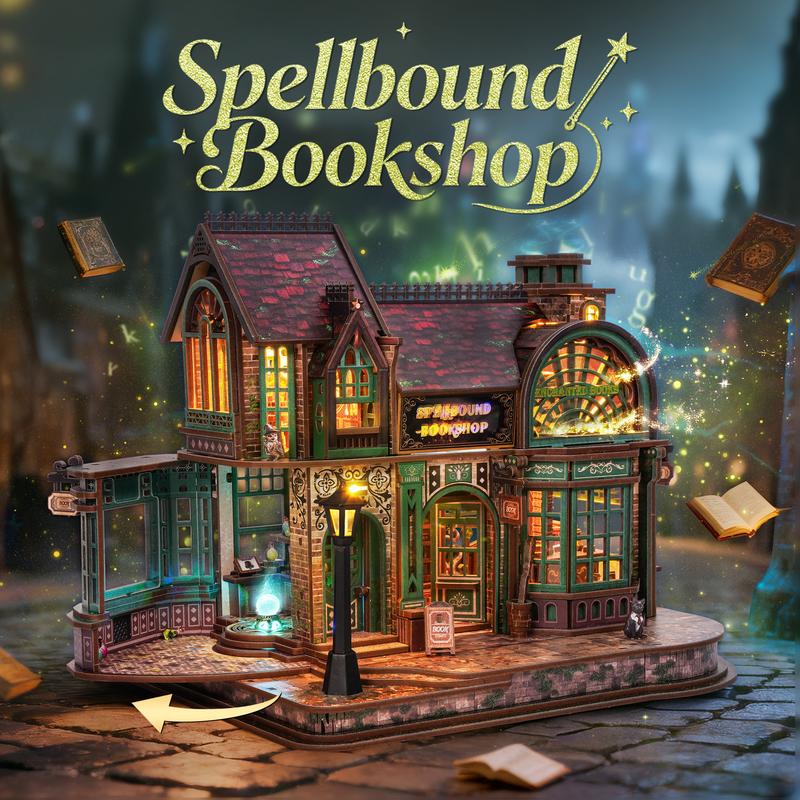 Magic Bookstore 3D Wooden Puzzle Kit, FUNPOLA 447-Piece Spellbound Bookshop with Color-Changing LED Lights, DIY Miniature Gift for Adults & Teens