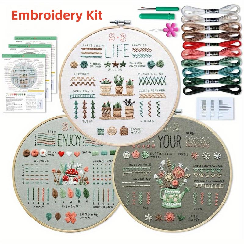 Embroidery Starter Kit for Adults, Beginner Floral Stamped Patterns with 33 Stitch Techniques, 7-Inch Hoop, Colorful Threads and Sewing Tools