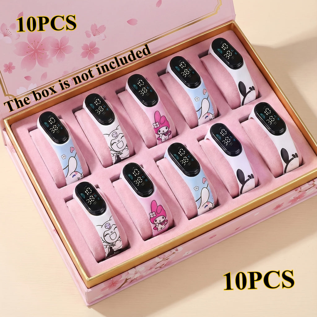 10pcs Sanrio Kids Watch Set - Cinnamoroll Kuromi My Melody Pochacco Silicone Quartz Watches 4 Mixed Colors - Birthday Party Return Gift Favor for Girls