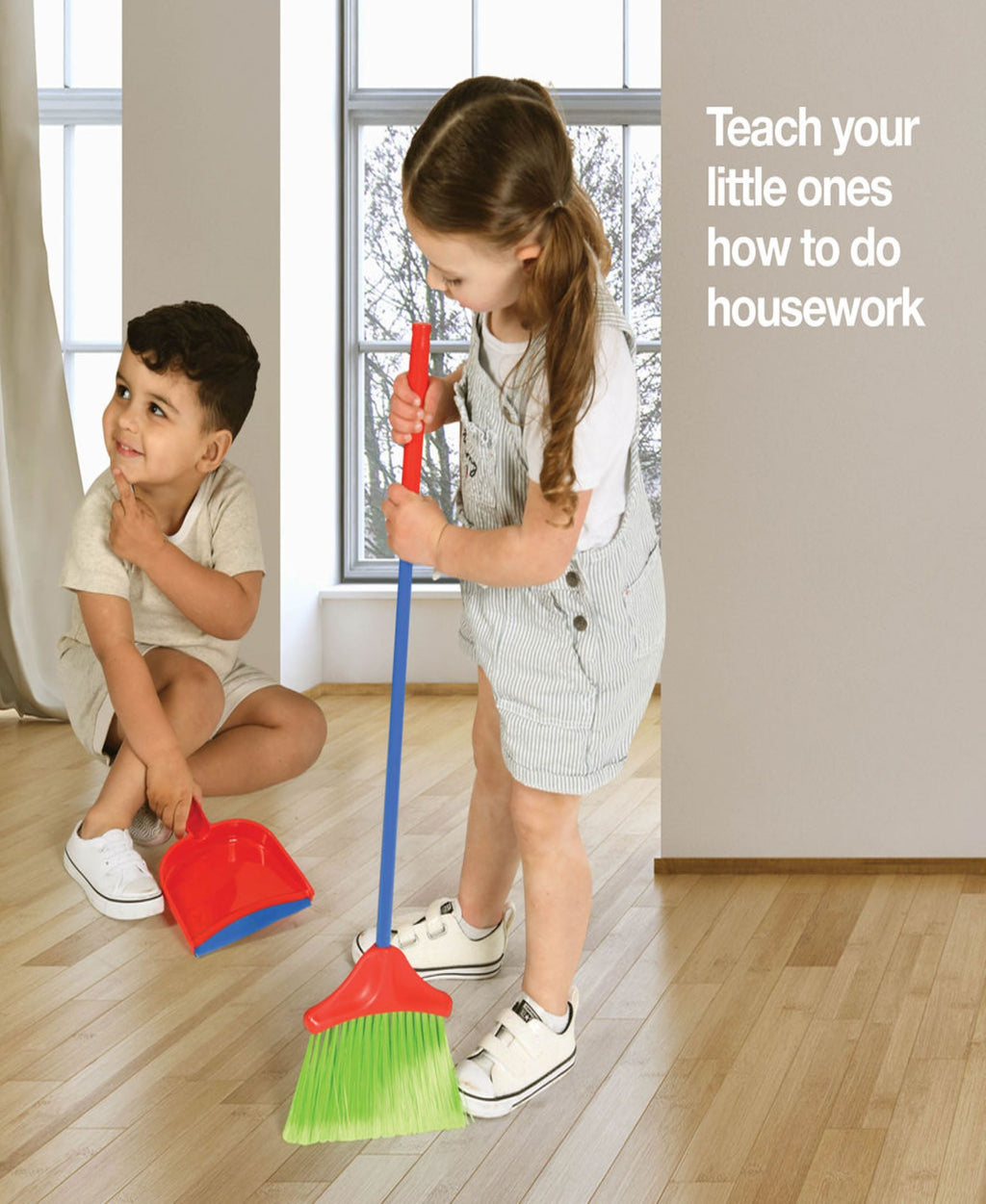 Kids Cleaning Set 4 Piece Toy Broom Mop Brush Dustpan Pretend Play Housekeeping Kit Toddler Girls Boys Birthday Christmas Gift Life Skills Toy