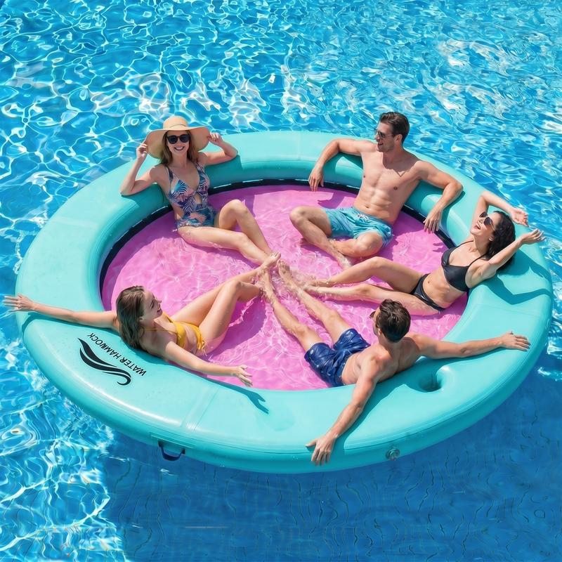 Inflatable Water Hammock, Sun Chill 6FT 8FT 10FT Round Floating Platform with Cup Holders and Pump for Lake Trips and Summer Pool Parties