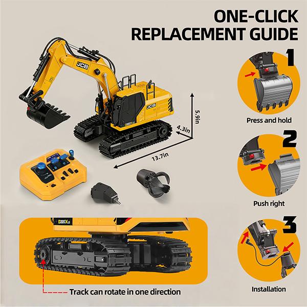 3-in-1 RC Excavator Toy, 14-Channel Remote Control Construction Vehicle with Drill Bit, Grab Bucket, Digging Hook, Lights and Sounds for Kids and Adults