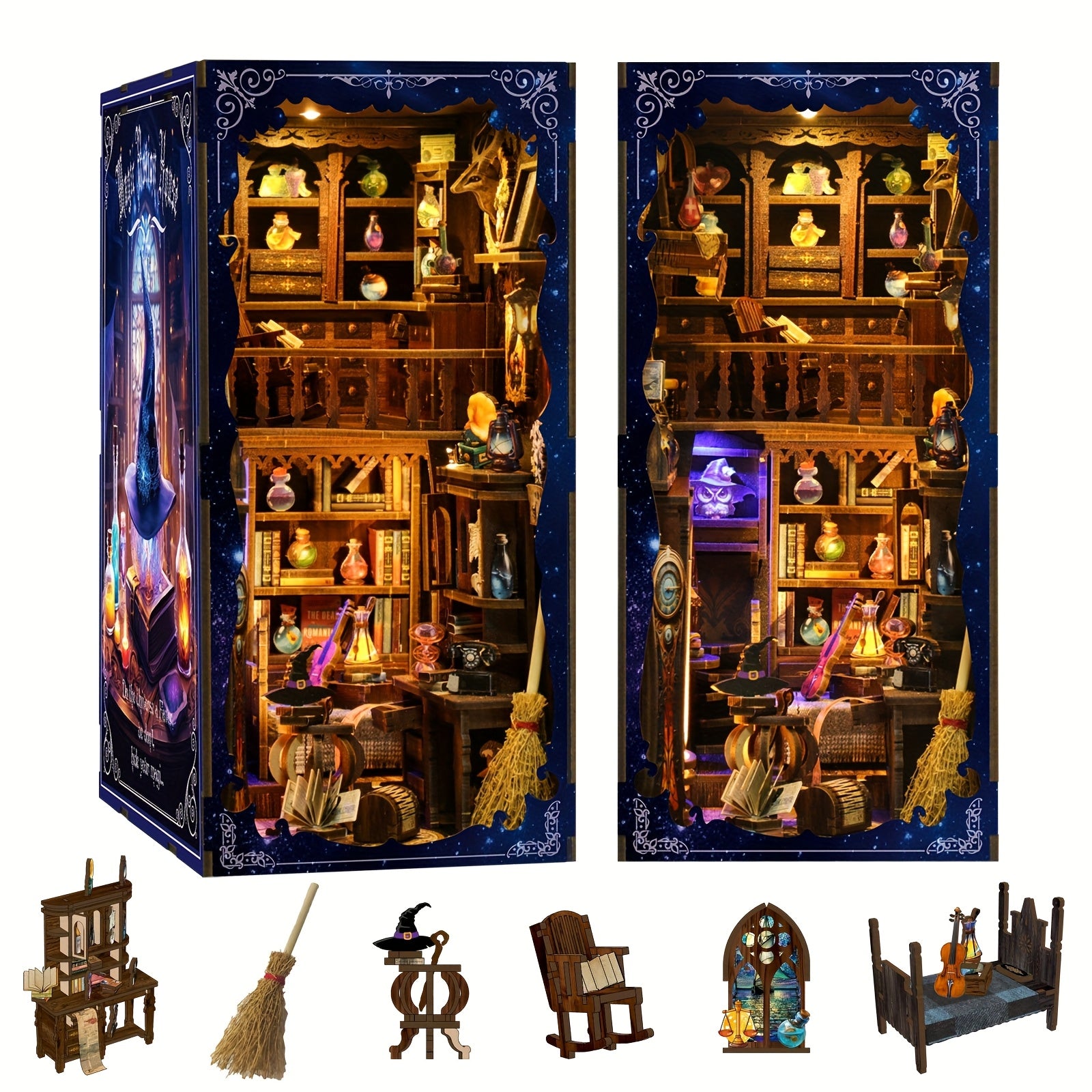 Book Nook Kit DIY Miniature House with LED Light – Magic House Wood Dollhouse Bookshelf Insert Puzzle, 334 Pieces, Gift for Teens and Adults