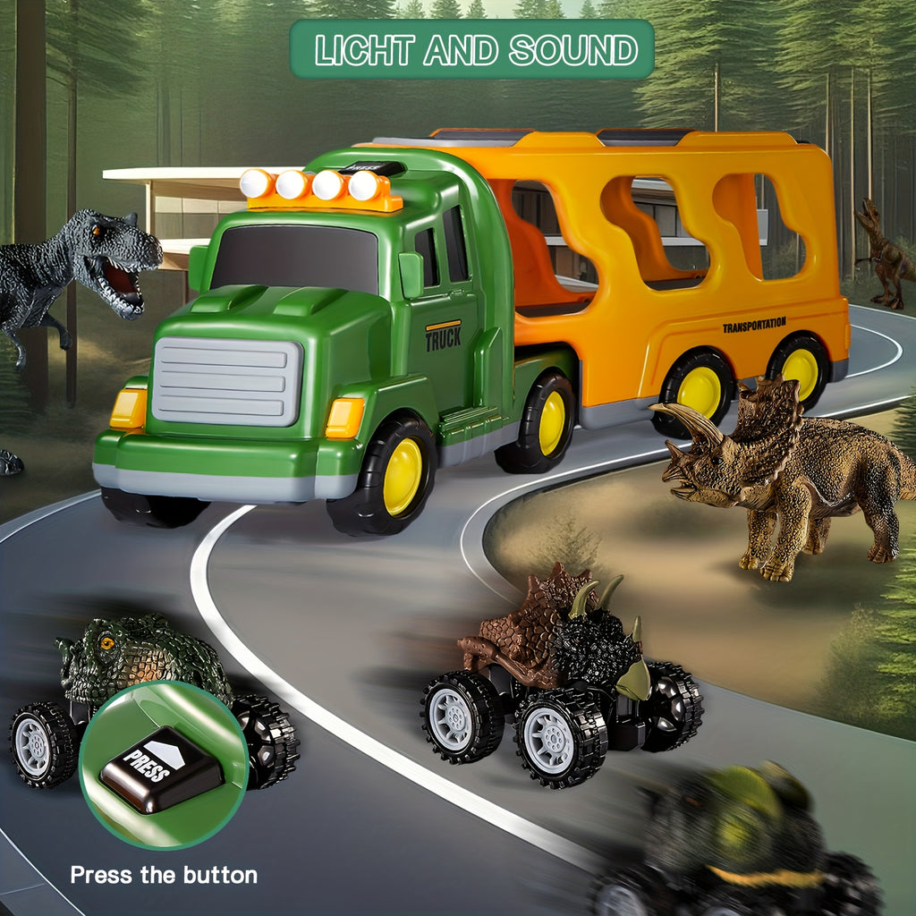 7-in-1 Dinosaur Transport Truck Toy Set with 3 Dino Figures 3 Monster Cars Lights Sounds Friction Push Go for Kids Boys Girls Ages 3 4 5 Birthday Christmas