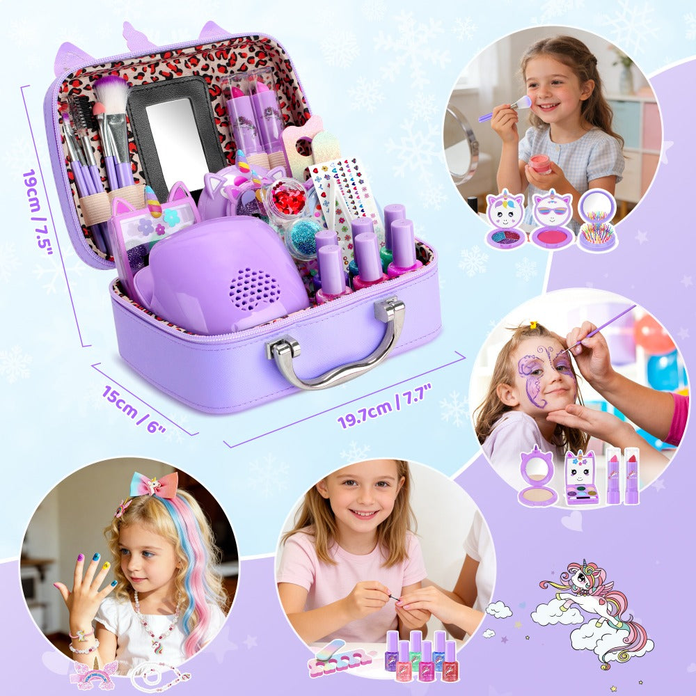 Kids Washable Makeup & Nail Art Set 2-in-1 Princess Toy for Girls Ages 3+ – Complete Cosmetic Kit with Nail Polish Eyeshadow Lipstick Wig Jewelry Birthday Valentine Christmas Gift