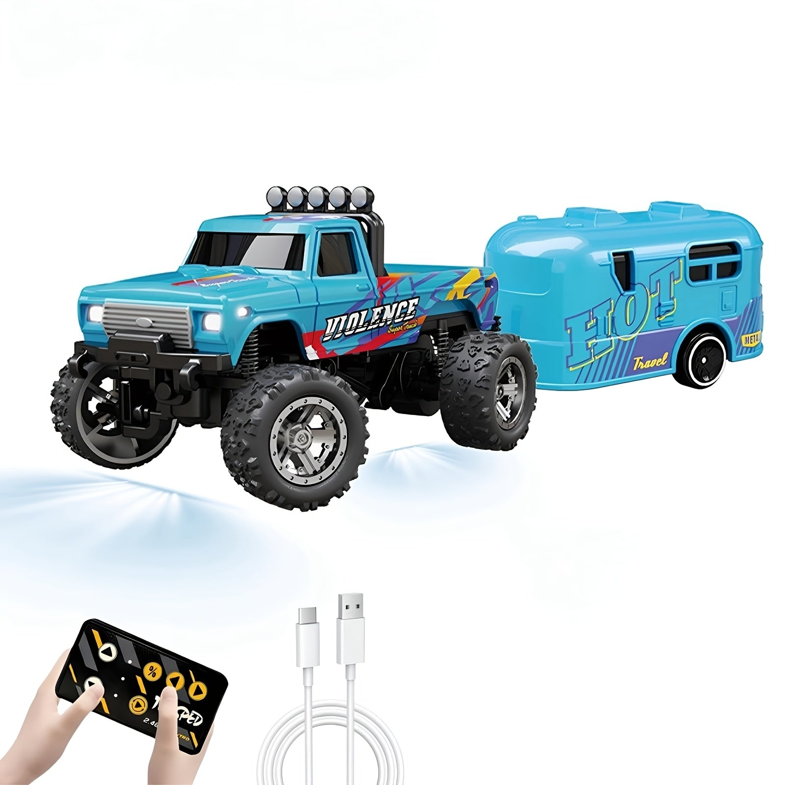 Mini RC Off-Road Truck 1/64 Scale Die-Cast with Trailer & Lights, 2.4GHz Rechargeable Climbing RC Car Adjustable Speed Pocket-Sized Palm Toy for Kids & Adults