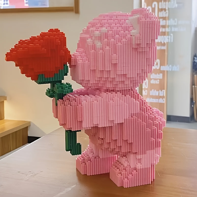 Rose Bear Building Blocks 4051pcs Romantic Bear Holding Rose DIY Model Kit - Advanced Assembly Gift for Couples Parents - Valentine Birthday Anniversary Christmas Gift