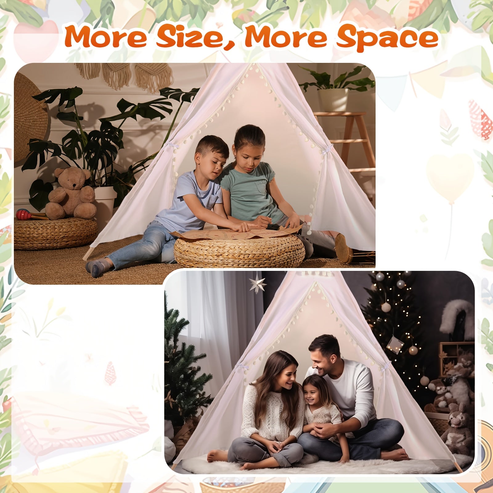 Kids Teepee Tent for Girls Boys, Indoor Outdoor Play Tent with Washable Fabric, Nordic Princess Conical Playhouse for Bedroom Backyard, Birthday Christmas Gift Ages 3+ (No Padding)