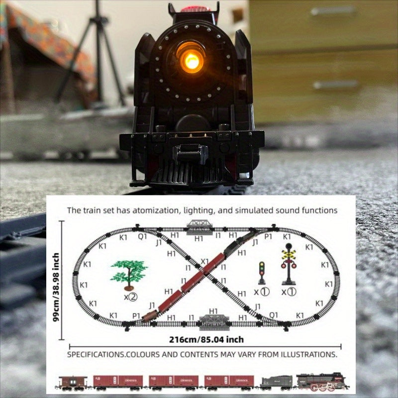 T627A Retro Steam Train Set with LED Lights, Smoke Spray & Realistic Sound Effects – 7-Piece USB Rechargeable Electric Train Toy Gift